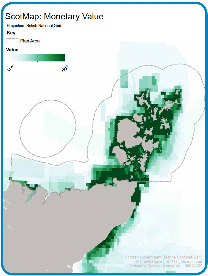 Map 13: Monetary value of commercial fishing by boats under 15m in length in the Pentland Firth and Orkney Waters area between 2009 and 2011. Data comes from Marine Scotland&rsquo;s ScotMap project and was collected by interview.