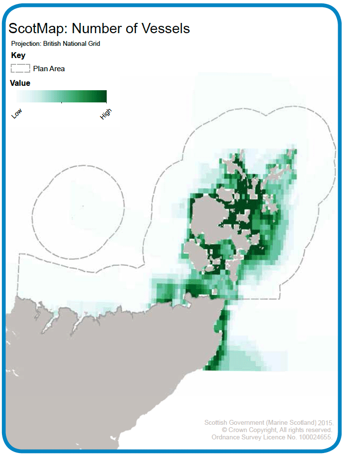 Map 14: Number of vessels under 15m in length involved in commercial fishing between 2009 and 2011 in the Pentland Firth and Orkney Waters area. Data comes from Marine Scotland&rsquo;s ScotMap project and was collected by interview.