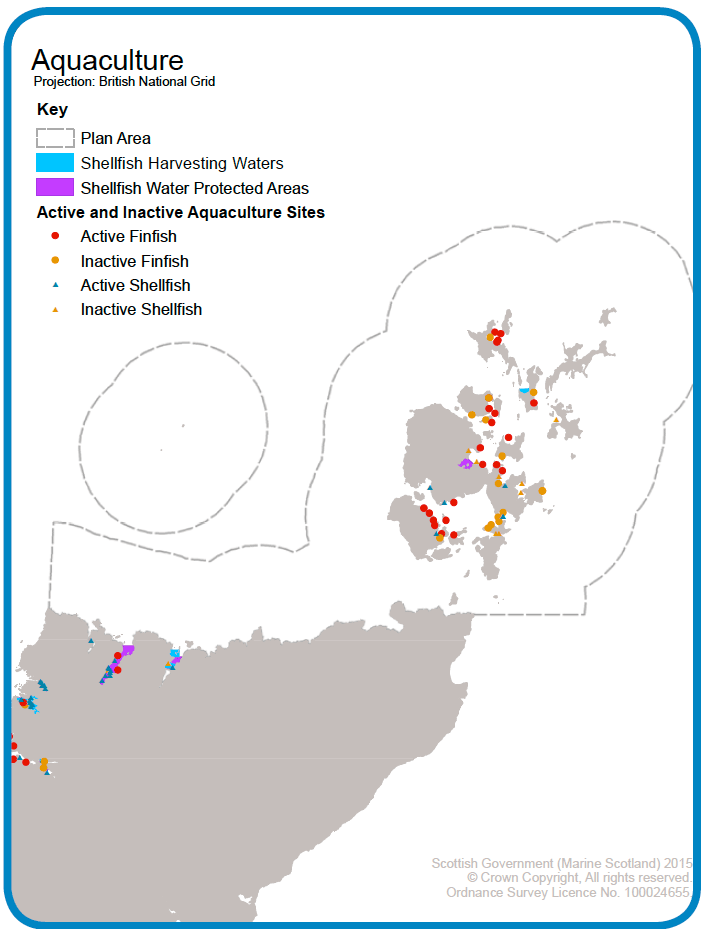Map 15: Active finfish and shellfish aquaculture sites and shellfish water designations in the Pentland Firth and Orkney Waters Plan area. ‘Active’ in accordance with the Marine Scotland Fish Health Inspectorate definition relates to the status of a site that is stocked or fallow with the intention of restocking in the foreseeable future. Map 15: Active finfish and shellfish aquaculture sites and shellfish water designations in the Pentland Firth and Orkney Waters Plan area. ‘Active’ in accordance with the Marine Scotland Fish Health Inspectorate definition relates to the status of a site that is stocked or fallow with the intention of restocking in the foreseeable future.