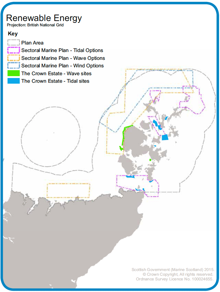 Map 17: Leased Crown Estate sites for marine renewable activities and draft Plan Options for renewable developments as suggested in Marine Scotland’s Sectoral Marine Plan. Map 17: Leased Crown Estate sites for marine renewable activities and draft Plan Options for renewable developments as suggested in Marine Scotland’s Sectoral Marine Plan.