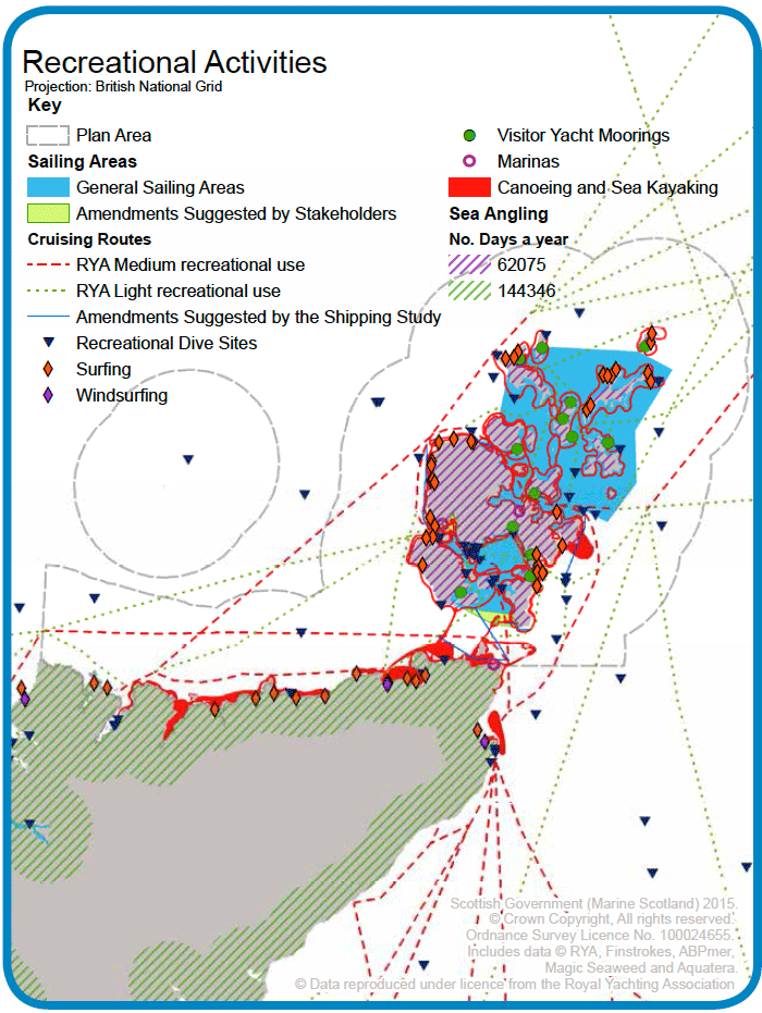 Map 18: Recreational activities in the Pentland Firth and Orkney Waters area including key surfing and windsurfing beaches, Royal Yachting Association cruising routes and sailing areas, recreational dive sites, sea kayaking and canoeing areas and the number of days spent sea angling in each region (Orkney and Highland regions) as reported in the Scottish Government Sea Angling Report. Map 18: Recreational activities in the Pentland Firth and Orkney Waters area including key surfing and windsurfing beaches, Royal Yachting Association cruising routes and sailing areas, recreational dive sites, sea kayaking and canoeing areas and the number of days spent sea angling in each region (Orkney and Highland regions) as reported in the Scottish Government Sea Angling Report.
