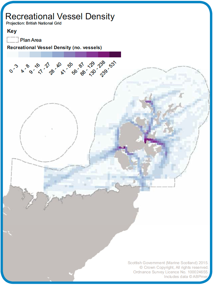 Map 19: Density of recreational shipping in the Pentland Firth and Orkney Waters area. These data were produced for the Marine Scotland Pentland Firth and Orkney Waters Shipping Study and were collected using Automatic Identification System (AIS) data. These data cover the summer months of 2011 and 2012 and represent about 17% of recreational vessels visiting the local marinas. Map 19: Density of recreational shipping in the Pentland Firth and Orkney Waters area. These data were produced for the Marine Scotland Pentland Firth and Orkney Waters Shipping Study and were collected using Automatic Identification System (AIS) data. These data cover the summer months of 2011 and 2012 and represent about 17% of recreational vessels visiting the local marinas.