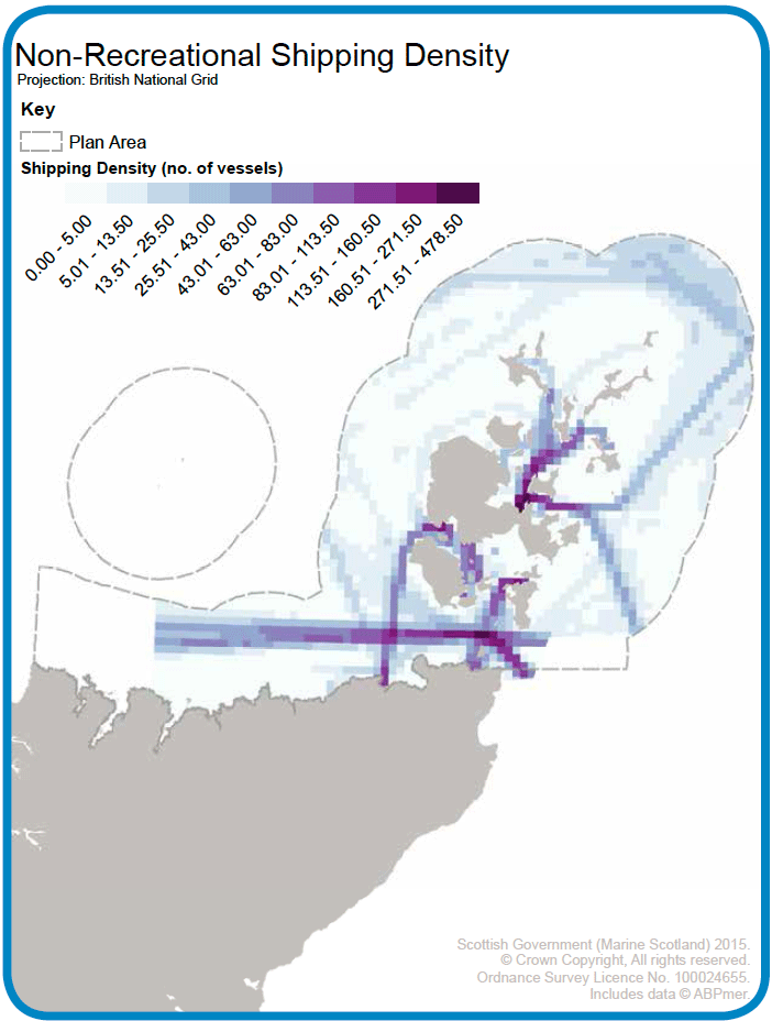 Map 20: Non-recreational shipping density in the Pentland Firth and Orkney Waters Area. These data were produced for the Marine Scotland Pentland Firth and Orkney Waters Shipping Study and were collected using Automatic Identification System (AIS) data. These data cover the summer months of 2012. Map 20: Non-recreational shipping density in the Pentland Firth and Orkney Waters Area. These data were produced for the Marine Scotland Pentland Firth and Orkney Waters Shipping Study and were collected using Automatic Identification System (AIS) data. These data cover the summer months of 2012.