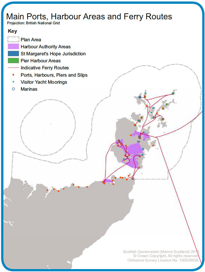 Map 21: Main ports, harbours and ferry routes in the Pentland Firth and Orkney Waters area. Map 21: Main ports, harbours and ferry routes in the Pentland Firth and Orkney Waters area.