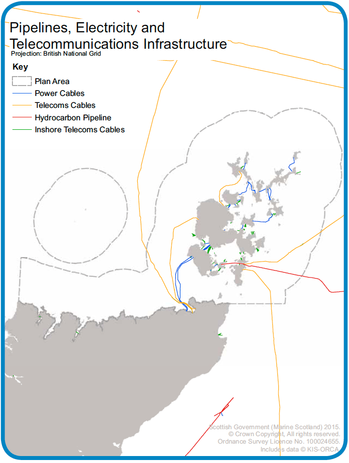 Map 22: Pipelines, electricity and telecommunications infrastructure in and around the Pentland Firth and Orkney Waters area. The map includes power cables to, and between, the Orkney Islands, telecommunication cables and hydrocarbon pipelines.