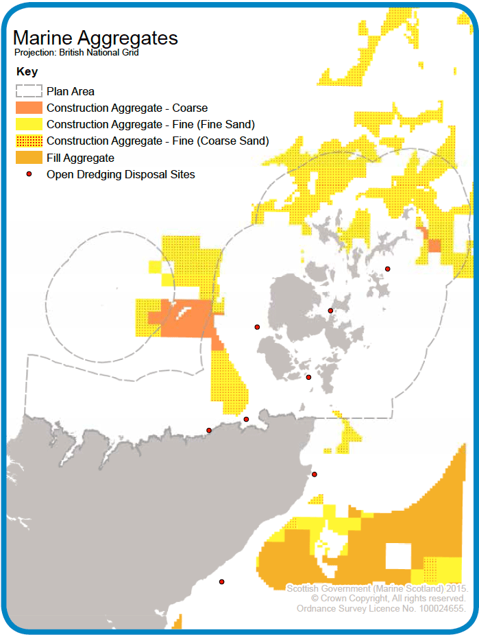 Map 23: Marine aggregate deposits in and around the Pentland Firth and Orkney Waters area. This map also includes open disposal sites for dredging activity. Map 23: Marine aggregate deposits in and around the Pentland Firth and Orkney Waters area. This map also includes open disposal sites for dredging activity.