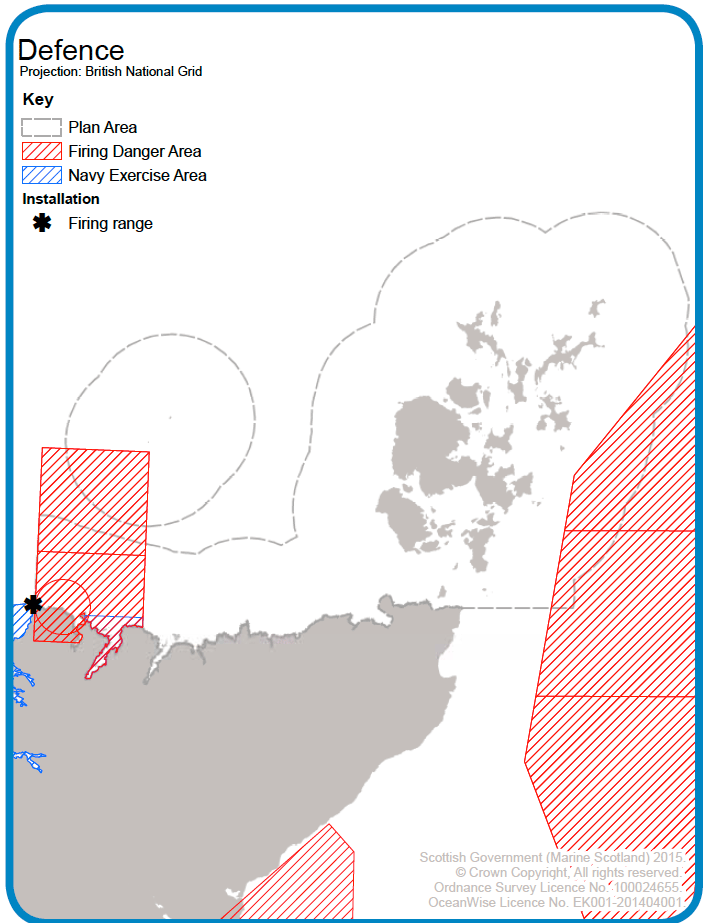 Map 24: Military practice and exercise areas in the Pentland Firth and Orkney Waters area. The map also shows the firing range installation at Cape Wrath. Map 24: Military practice and exercise areas in the Pentland Firth and Orkney Waters area. The map also shows the firing range installation at Cape Wrath.