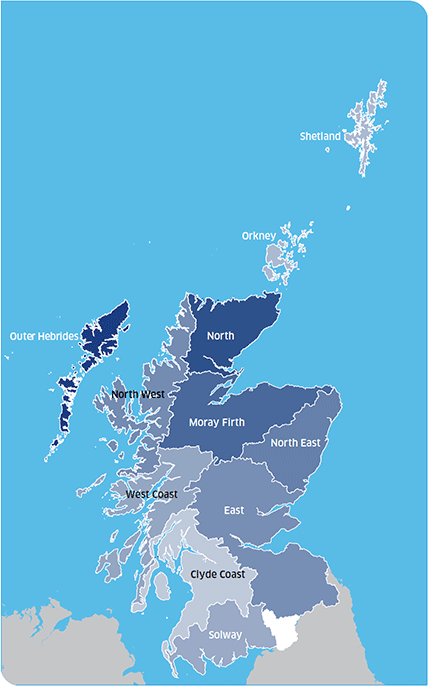 Map showing the 11 regions of Scotland