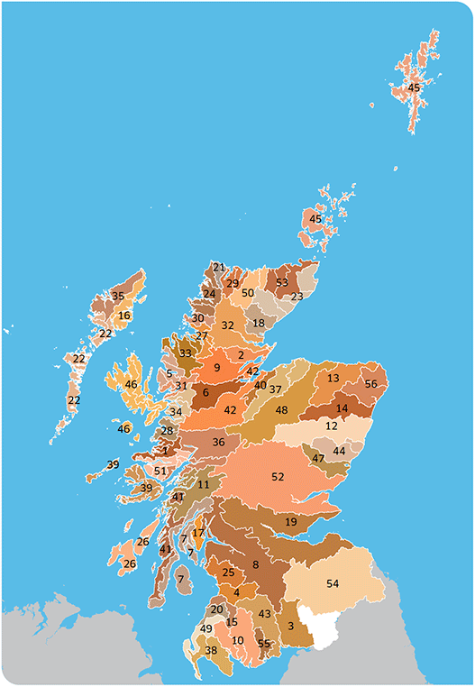 Map showing the 56 reporting areas of Scotland. Reporting areas listed below.