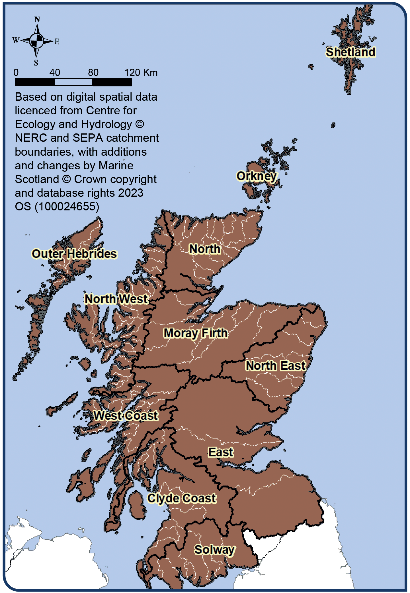 Map of Scotland showing labelled salmon regions (Clyde Coast, East, Moray Firth, North, North East, North West, Orkney, Outer Hebrides, Shetland, Solway, West Coast) and boundaries only of salmon districts within the regions.