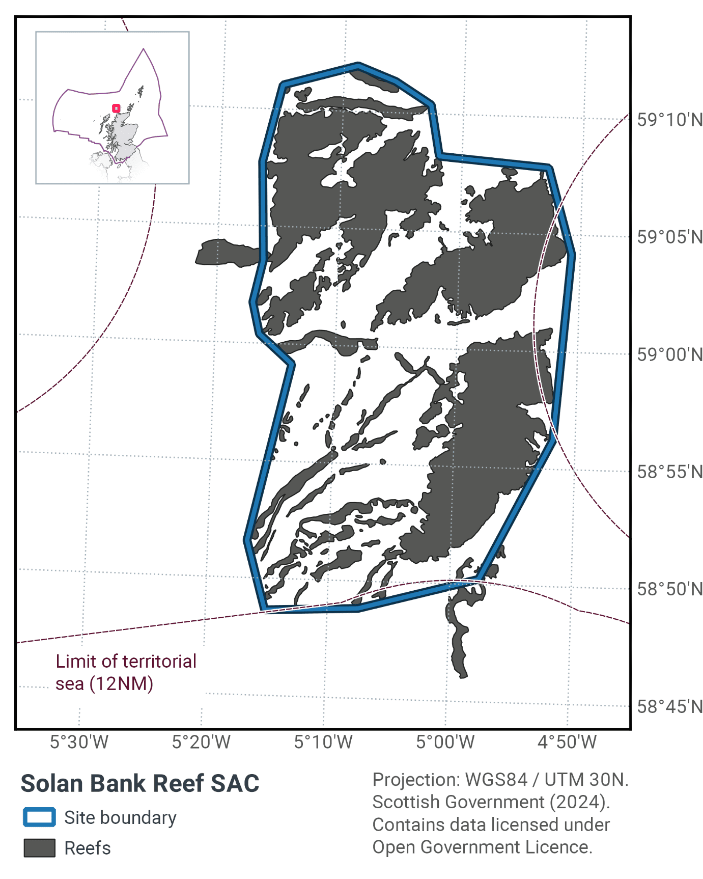 Map showing Solan Bank Reef SAC located off the North coast of Scotland within the Scottish offshore waters. The main map shows the boundary of the Solan Bank Reef SAC site in blue with reefs marked with grey shading.