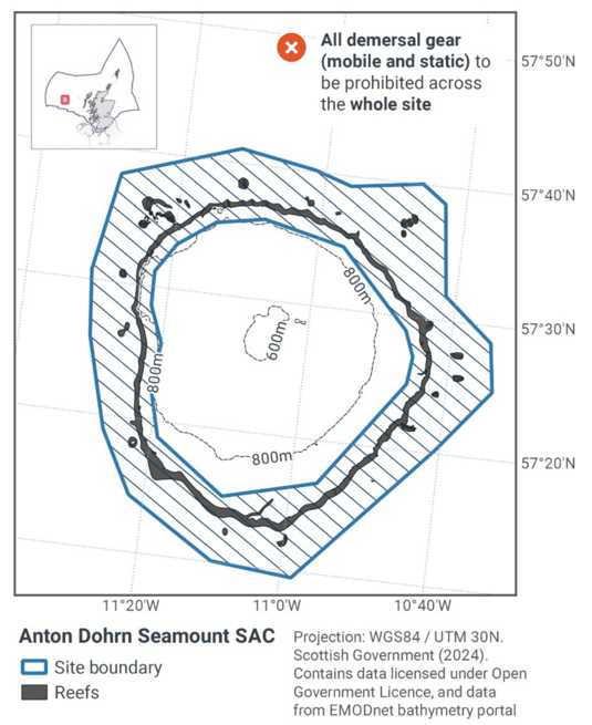 Map showing Anton Dohrn Seamount SAC located off the West coast of Scotland within the Scottish offshore waters. The main map shows the boundary of the Anton Dohrn Seamount SAC site in blue with reefs marked with grey shading. Blue diagonal lines mark the proposed full site fisheries management measures for the site. These are for all demersal gear (mobile and static) to be prohibited across the whole site.