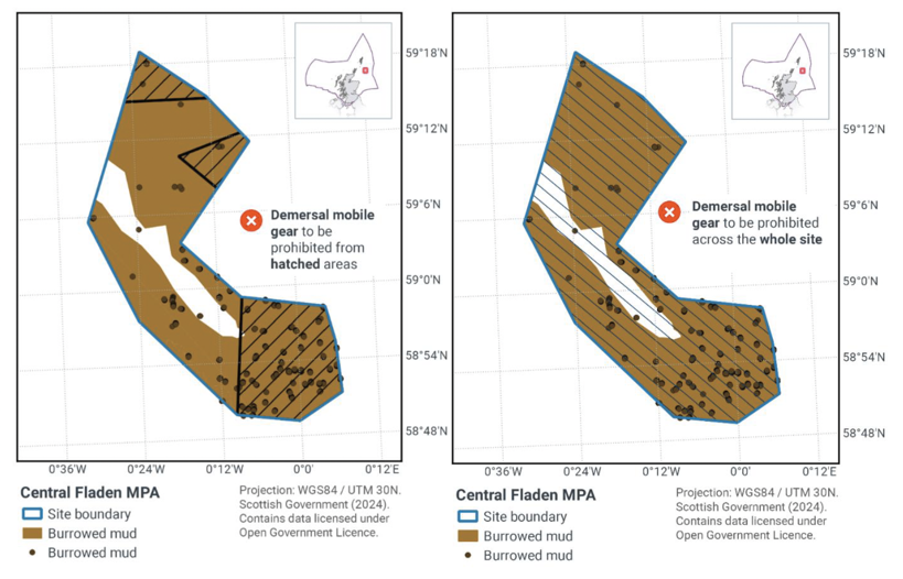Map showing Central Fladen MPA located off the East coast of Scotland within the Scottish offshore waters. The main map shows the boundary of the Central Fladen MPA site in blue with areas showing burrowed mud in brown shading and with brown spots. Black diagonal lines mark the proposed zonal fisheries management measures which for this site are for demersal mobile gear to be prohibited from the hatched areas.
	  
	  Map showing Central Fladen MPA located off the East coast of Scotland within the Scottish offshore waters. The main map shows the boundary of the Central Fladen MPA site in blue with areas showing burrowed mud in brown shading and with brown spots. Black diagonal lines mark the proposed whole site fisheries management measures which for this site are for demersal mobile gear to be prohibited from the whole site.