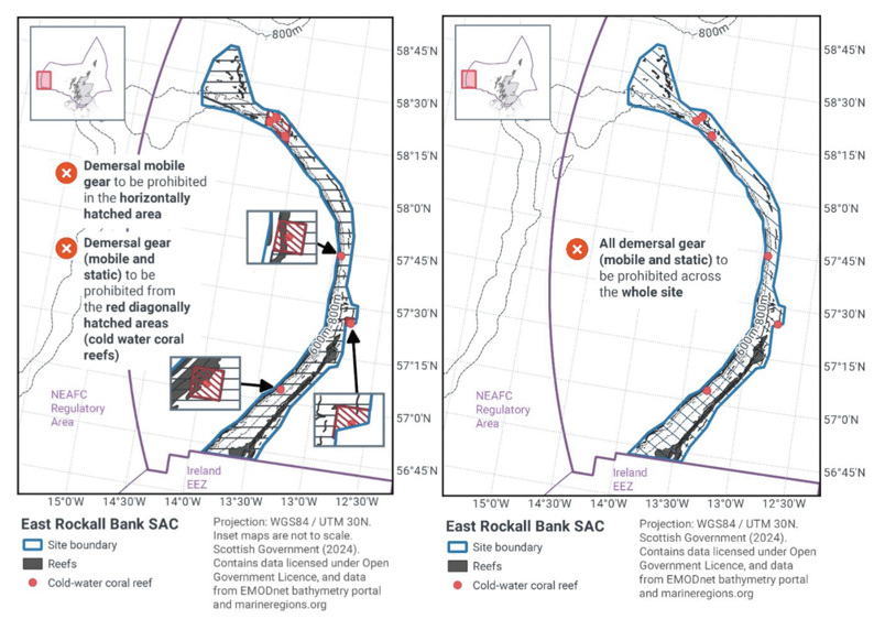 Map showing East Rockall Bank SAC located off the West coast of Scotland within the Scottish offshore waters. The main map shows the boundary of the East Rockall Bank SAC site in blue with reefs marked with grey shading and cold water corals marked with red spots.  Black diagonally hatched areas mark proposed full site fisheries management measures to prohibit all demersal gear (mobile and static).