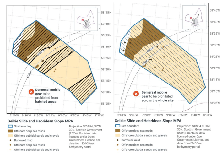 Map showing Geikie Slide and Hebridean Slope MPA located off the West coast of Scotland within the Scottish offshore waters. The main map shows the boundary of the Geikie Slide and Hebridean Slope MPA site in blue with offshore deep sea muds in brown, offshore subtidal sands and gravels in yellow and burrowed mud marked with dark brown spots. Black diagonal hatching marks proposed zonal fisheries management measures which for this site are to prohibit demersal mobile gear from hatched areas.
	  
	  Map showing Geikie Slide and Hebridean Slope MPA located off the West coast of Scotland within the Scottish offshore waters. The main map shows the boundary of the Geikie Slide and Hebridean Slope MPA site in blue with offshore deep sea muds in brown, offshore subtidal sands and gravels in yellow and burrowed mud marked with dark brown spots. Black diagonal hatching marks proposed full site fisheries management measures which for this site are to prohibit demersal mobile gear from the whole site.