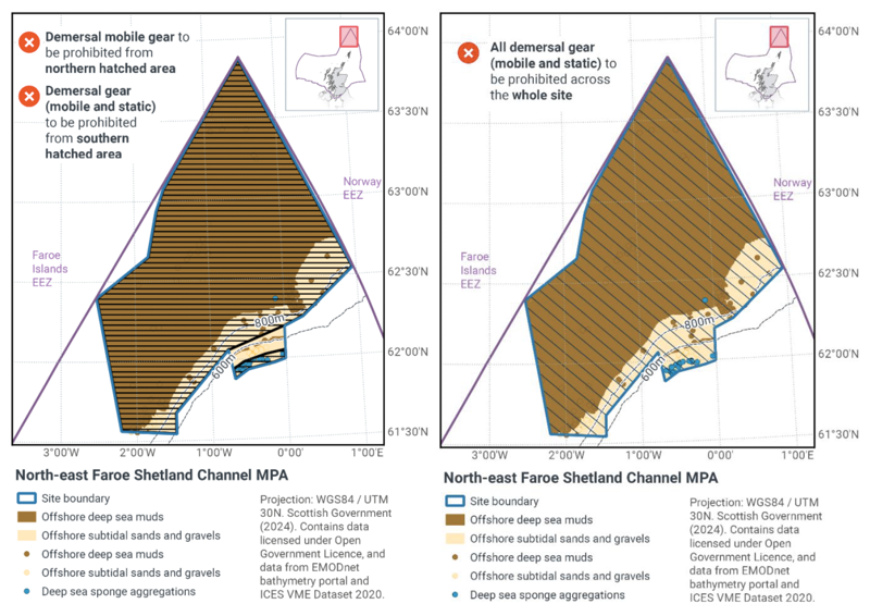 Map showing North-East Faroe Shetland Channel MPA located off the North coast of Scotland within the Scottish offshore waters. The main map shows the boundary of the North-East Faroe Shetland Channel MPA site in blue with areas showing offshore deep sea muds in brown, offshore subtidal sands and gravels are shown in beige. Deep sea sponge aggregations are depicted with blue spots. Black horizontal lines mark the proposed zonal fisheries management measures for the Northern hatching area which for this site are for demersal mobile gear to be prohibited from the Northern area. Black horizontal lines mark the proposed zonal fisheries management measures for the Southern hatching area which for this site are for demersal gear (mobile and static) to be prohibited from the Southern area.
	  
	  Map showing North-East Faroe Shetland Channel MPA located off the North coast of Scotland within the Scottish offshore waters. The main map shows the boundary of the North-East Faroe Shetland Channel MPA site in blue with areas showing offshore deep sea muds in brown, offshore subtidal sands and gravels are shown in beige. Deep sea sponge aggregations are depicted with blue spots. Black diagonal lines mark the proposed full site fisheries management measures which are for all demersal gear (mobile and static) to be prohibited.