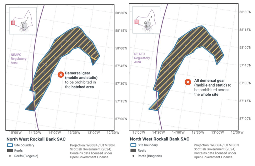 Map showing North West Rockall Bank SAC located off the West coast of Scotland within the Scottish offshore waters. The main map shows the boundary of the North West Rockall Bank SAC site in blue with reefs marked with grey shading, and biogenic reefs marked with grey spots. Yellow diagonal hatching marks the location of the proposed zonal fisheries management measures for this site which are to prohibit demersal gear (mobile and static).
	  
	  Map showing North West Rockall Bank SAC located off the West coast of Scotland within the Scottish offshore waters. The main map shows the boundary of the North West Rockall Bank SAC site in blue with reefs marked with grey shading, and biogenic reefs marked with grey spots. Yellow diagonal hatching marks the location of the proposed full site fisheries management measures which are to prohibit all demersal gear (mobile and static).