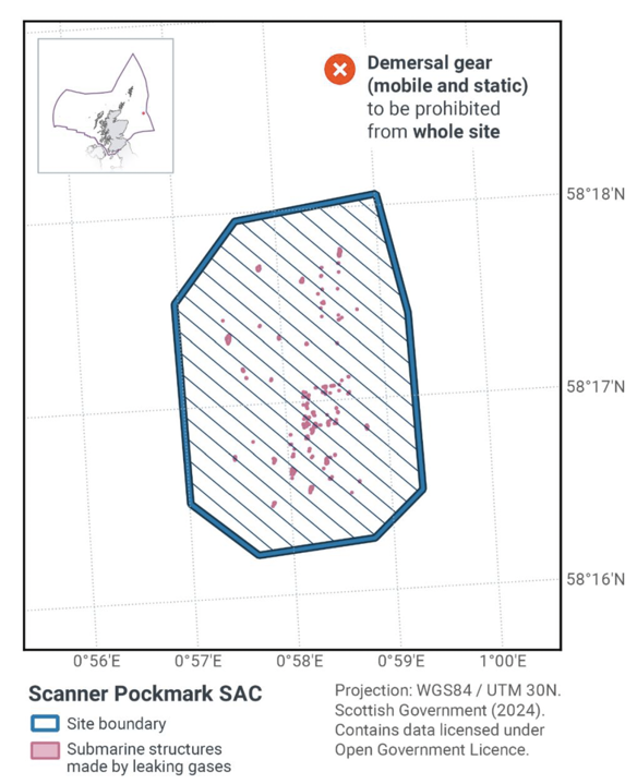 Map showing Scanner Pockmark SAC located off the East coast of Scotland within the Scottish offshore waters. The main map shows the boundary of the Scanner Pockmark SAC site in blue with areas showing  submarine structures made by leaking gases in pink. The proposed fisheries management measures are marked with blue horizontal lines. For this site, this marks demersal gear (mobile and static) being prohibited from the whole site.