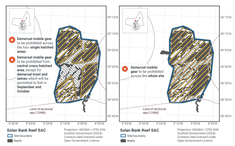 Map showing Solan Bank Reef SAC located off the North coast of Scotland within the Scottish offshore waters with an overlap into the inshore region. The main map shows the boundary of the Solan Bank Reef SAC site in blue with reefs marked with grey shading. Yellow single diagonal lines mark proposed zonal fisheries management measures to prohibit demersal mobile gear  from the four areas. Black double hatching marks proposed fisheries management measures from the central areas of the site, this will prohibit demersal mobile gear except for demersal trawl and seines which will be permitted to fish in September and October.
	  
	  Map showing Solan Bank Reef SAC located off the North coast of Scotland within the Scottish offshore waters with an overlap into the inshore region. The main map shows the boundary of the Solan Bank Reef SAC site in blue with reefs marked with grey shading. Yellow single diagonal lines mark proposed whole site fisheries management measures to prohibit demersal mobile gear from the whole site. 