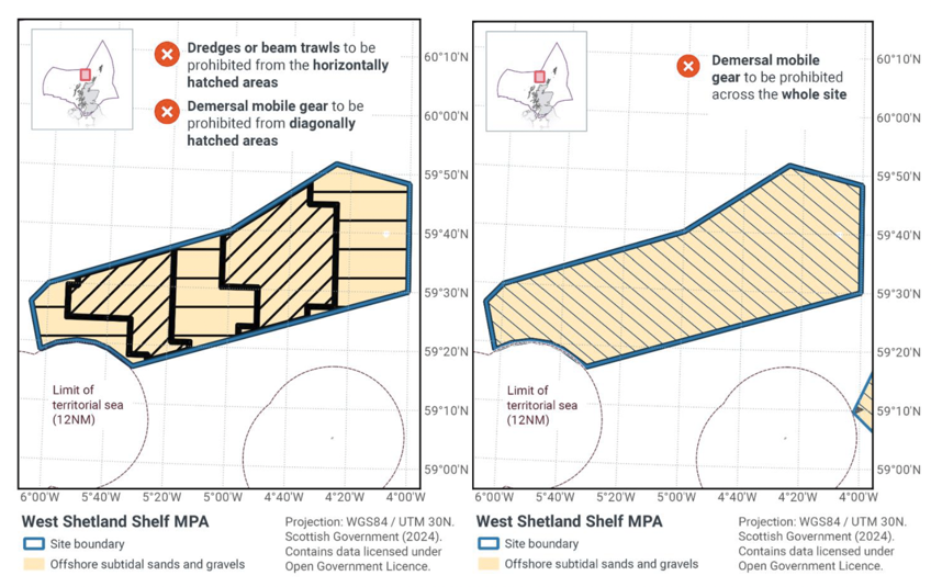 Map showing West Shetland Shelf MPA located off the North coast of Scotland within the Scottish offshore waters. The main map shows the boundary of the West Shetland Shelf MPA site in blue with offshore subtidal sands and gravels marked with yellow shading. Horizontal black hatchings mark proposed zonal fisheries management measures where dredges or beam trawls are to be prohibited. Diagonal black hatchings mark proposed zonal fisheries management measures where demersal mobile gear is to be prohibited.
	  
	  Map showing West Shetland Shelf MPA located off the North coast of Scotland within the Scottish offshore waters. The main map shows the boundary of the West Shetland Shelf MPA site in blue with offshore subtidal sands and gravels marked with yellow shading. Diagonal black hatchings mark proposed full site fisheries management measures where all demersal gear (mobile and static) is to be prohibited.