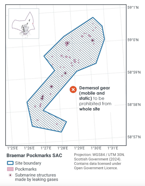 Map showing Braemar Pockmarks SAC located off the East coast of Scotland within the Scottish offshore waters. The main map shows the boundary of the Braemar Pockmarks SAC site in blue with areas showing the pockmarks in pink and dark pink dots marking submarine structures made by leaking gases. Blue diagonal lines mark the proposed fisheries management measures which for this site are for demersal gear (mobile and static) to be prohibited from whole site.