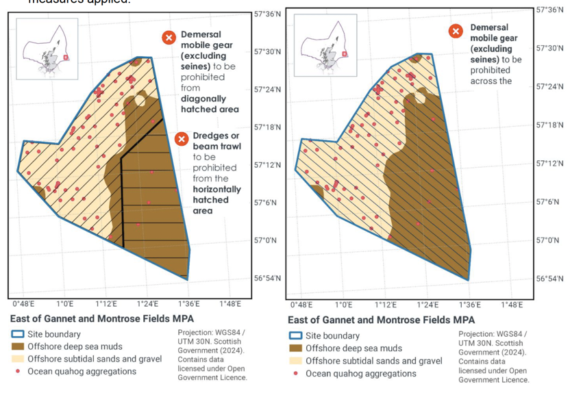 Map showing East of Gannet and Montrose Fields MPA located off the East coast of Scotland within the Scottish offshore waters. The main map shows the boundary of the East of Gannet and Montrose Fields MPA site in blue with areas showing offshore deep sea muds in brown, showing offshore subtidal sands and gravel in beige and ocean quahog aggregations with pink spots. Black diagonal hatching marks the proposed zonal management measures to prohibit demersal mobile gear (excluding seines) from the diagonally hatched area. Black horizontal hatching marks the proposed management measures to prohibit dredges or beam trawls from this area.
	  
	  Map showing East of Gannet and Montrose Fields MPA located off the East coast of Scotland within the Scottish offshore waters. The main map shows the boundary of the East of Gannet and Montrose Fields MPA site in blue with areas showing offshore deep sea muds in brown, showing offshore subtidal sands and gravel in beige and ocean quahog aggregations with pink spots. Black diagonal hatching marks the proposed full site management measures to prohibit demersal mobile gear (excluding seines) from the whole site.