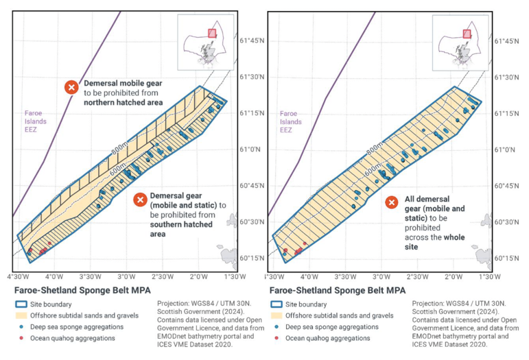 Map showing Faroe-Shetland Sponge Belt MPA located off the East coast of Shetland within the Scottish offshore waters. The main map shows the boundary of the Faroe-Shetland Sponge Belt MPA site in blue with yellow shading to show offshore subtidal sands and gravels. Blue spots highlight deep sea sponge aggregations and pink spots highlight ocean quahog aggregations. Proposed fisheries management measures are marked with black vertical lines for the Northern area of the MPA, these management measures would prohibit demersal mobile gear. The proposed zonal management measures are marked with diagonal black lines for the Southern area of the MPA; these management measures would prohibit demersal mobile and static gear.
	  
	  Map showing Faroe-Shetland Sponge Belt MPA located off the East coast of Shetland within the Scottish offshore waters. The main map shows the boundary of the Faroe-Shetland Sponge Belt MPA site in blue with yellow shading to show offshore subtidal sands and gravels. Blue spots highlight deep sea sponge aggregations and pink spots highlight ocean quahog aggregations. Black diagonal hatchings mark the proposed full site fisheries management measures which are to prohibit all demersal gear (mobile and static) for the whole site.