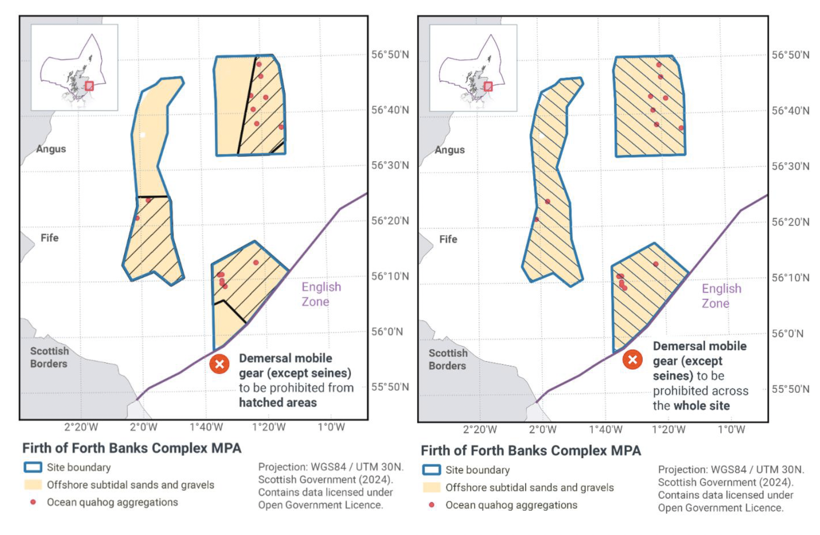 Map showing Firth of Forth Banks Complex MPA located off the East coast of Scotland within the Scottish offshore waters. The main map shows the boundary of the Firth of Forth Banks Complex MPA site in blue; this site is made up of three separate areas. The sites have offshore subtidal sands and gravels represented by yellow shading, and ocean quahog aggregations shown by pink spots. Black diagonal areas mark the proposed fisheries management measures. These overlap with the ocean quahog aggregations in each of the three areas. For this site, the proposed zonal management measures are for demersal mobile gear (except seines) to be prohibited from the hatched areas.
	  
	  
	  Map showing Firth of Forth Banks Complex MPA located off the East coast of Scotland within the Scottish offshore waters. The main map shows the boundary of the Firth of Forth Banks Complex MPA site in blue; this site is made up of three separate areas. The sites have offshore subtidal sands and gravels represented by yellow shading, and ocean quahog aggregations shown by pink spots. Black diagonal areas mark the proposed fisheries management measures. These overlap with the ocean quahog aggregations in each of the three areas. For this site, the proposed full site management measures are for demersal mobile gear (except seines) to be prohibited from the whole site.