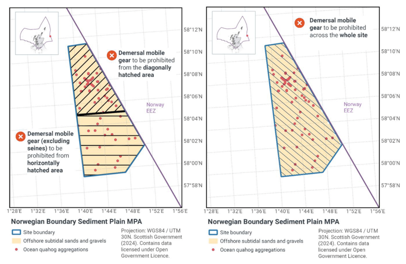 Map showing Norwegian Boundary Sediment Plain MPA located off the East coast of Scotland within the Scottish offshore waters. The main map shows the boundary of the Norwegian Boundary Sediment Plain MPA site in blue with areas showing offshore subtidal sands and gravel in yellow and pink spots to show ocean quahog aggregations. Black diagonal lines mark areas where prohibition of demersal mobile gear are proposed. Black horizontal lines mark areas where prohibition of demersal mobile gear (excluding seines) are proposed.
	  
	  Map showing Norwegian Boundary Sediment Plain MPA located off the East coast of Scotland within the Scottish offshore waters. The main map shows the boundary of the Norwegian Boundary Sediment Plain MPA site in blue with areas showing offshore subtidal sands and gravel in yellow and pink spots to show ocean quahog aggregations. Black diagonal lines mark areas where prohibition of demersal mobile gear are proposed for full site management measures.