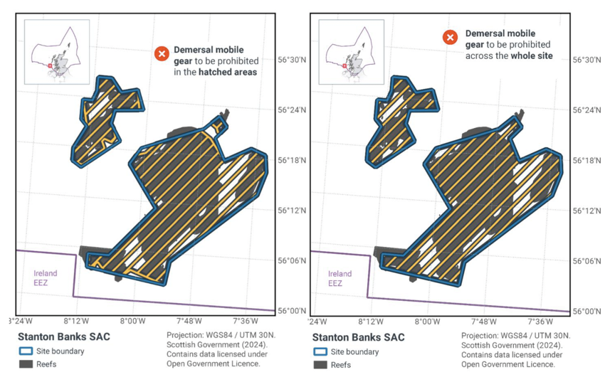 Map showing Stanton Banks SAC located off the West coast of Scotland within the Scottish offshore waters. There are two areas within this site. The main map shows the boundary of the Stanton Banks SAC site in blue with reefs marked with grey shading. Yellow diagonal hatching marks the proposed zonal fisheries management measures; for this site these are to prohibit demersal mobile gear from the marked areas.
	  
	  Map showing Stanton Banks SAC located off the West coast of Scotland within the Scottish offshore waters. There are two areas within this site. The main map shows the boundary of the Stanton Banks SAC site in blue with reefs marked with grey shading. Yellow diagonal hatching marks the proposed full site fisheries management measures; for this site these are to prohibit demersal mobile gear from the whole site.