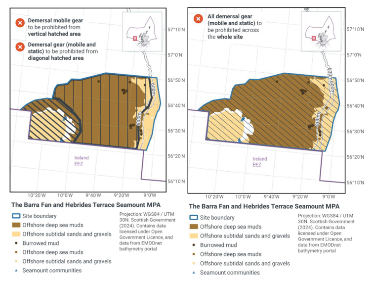 Map showing The Barra Fan and Hebrides Terrace Seamount MPA located off the West coast of Scotland within the Scottish offshore waters.The main map shows the boundary of the Barra Fan and Hebrides Terrace Seamount MPA site in blue with offshore deep sea muds marked with brown shading and spots, offshore subtidal sands and gravels marked with yellow shading and spots. Burrowed mud is marked with dark brown spots and seamount communities are marked with blue triangles. Black vertical hatching marks proposed zonal fisheries management measures which are areas where demersal mobile gear is to be prohibited. Black diagonal hatching marks proposed zonal fisheries management measure which are areas where demersal gear (mobile and static) is proposed to be prohibited.
	  
	  
	  Map showing The Barra Fan and Hebrides Terrace Seamount MPA located off the West coast of Scotland within the Scottish offshore waters. The main map shows the boundary of the Barra Fan and Hebrides Terrace Seamount MPA site in blue with offshore deep sea muds marked with brown shading and spots, offshore subtidal sands and gravels marked with yellow shading and spots. Burrowed mud is marked with dark brown spots and seamount communities are marked with blue triangles. Blue diagonal hatching marks proposed full site fisheries management measure which are for all demersal gear (mobile and static) to be prohibited.