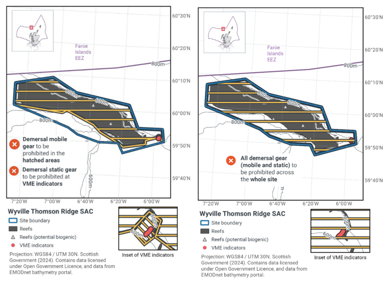 Map showing Wyville Thomson Ridge SAC located off the North coast of Scotland within the Scottish offshore waters. The main map shows the boundary of the Wyville Thomson Ridge SAC site in blue with reefs marked with grey shading and potential biogenic reefs marked with grey triangles. VME indicators are marked with pink spots. Horizontal yellow hatching marks proposed zonal fisheries management measures, these are areas where demersal mobile gear is to be prohibited. A smaller map to the bottom right of the main map is zoomed to the VME indicator area, the proposed zonal fisheries management measures are marked with horizontal yellow hatching where demersal static gear is to be prohibited.
	  
	  Map showing Wyville Thomson Ridge SAC located off the North coast of Scotland within the Scottish offshore waters. The main map shows the boundary of the Wyville Thomson Ridge SAC site in blue with reefs marked with grey shading and potential biogenic reefs marked with grey triangles. VME indicators are marked with pink spots. Horizontal yellow hatching marks proposed full site fisheries management measures, this is where all demersal gear (mobile and static) is to be prohibited. A smaller map to the bottom right of the main map is zoomed to the VME indicator area, where the proposed full site fisheries management measures are marked with horizontal yellow hatching.