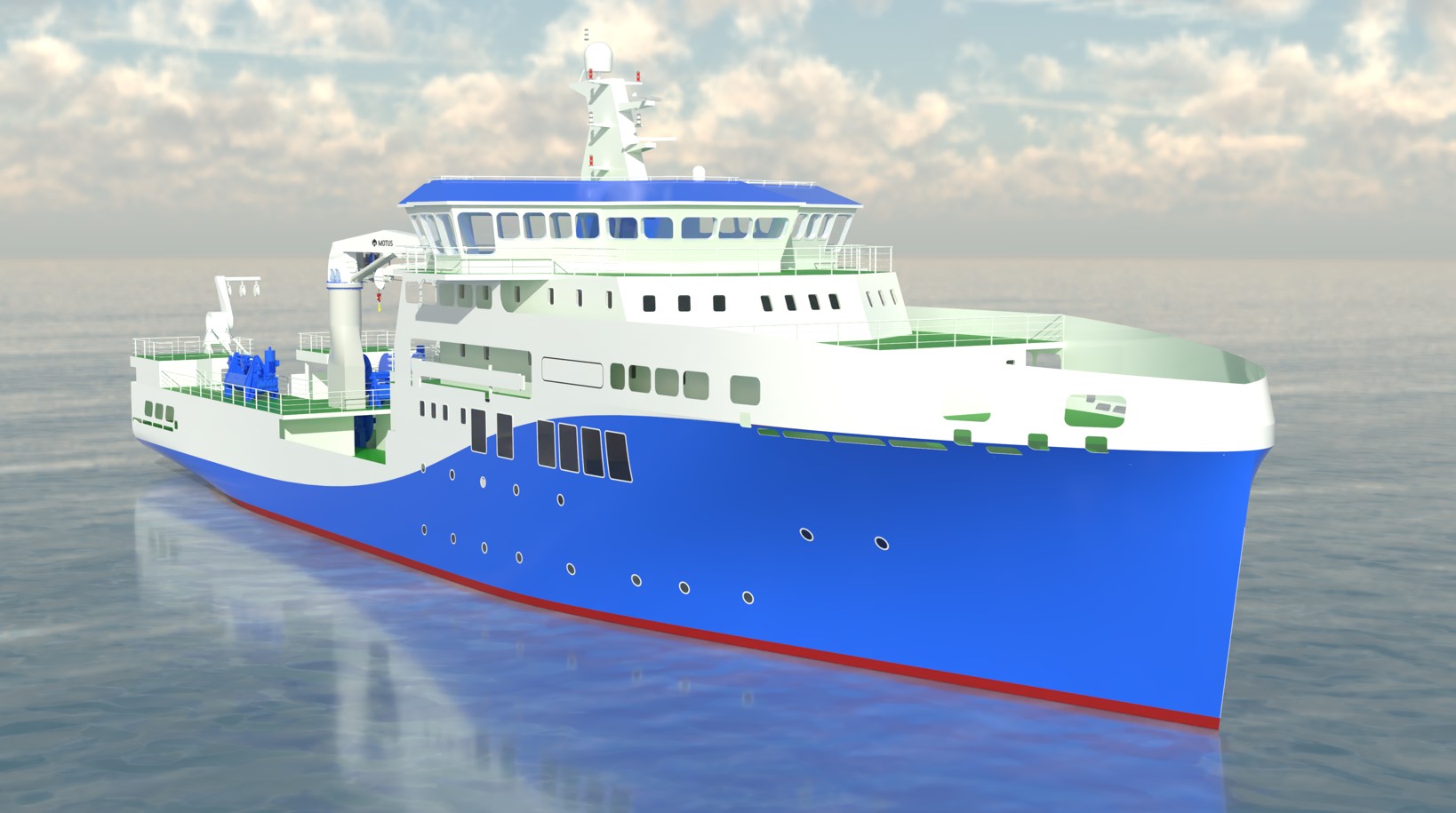 Computer-generated rendering of a research vessel on calm water, viewed from the bow quarter, featuring a blue and white hull, large bridge with wide windows, and open working deck areas with scientific equipment toward the stern.