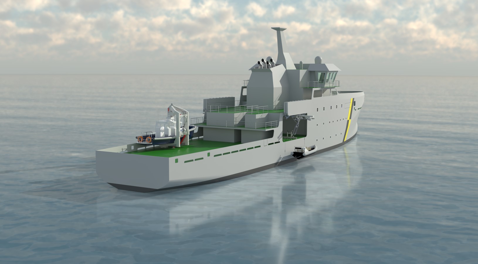 Computer-generated rendering of a large marine and fisheries compliance vessel on calm open water, viewed from the stern quarter, showing multiple decks, a small boat being launched, and a large boat in a cradle on the aft deck.