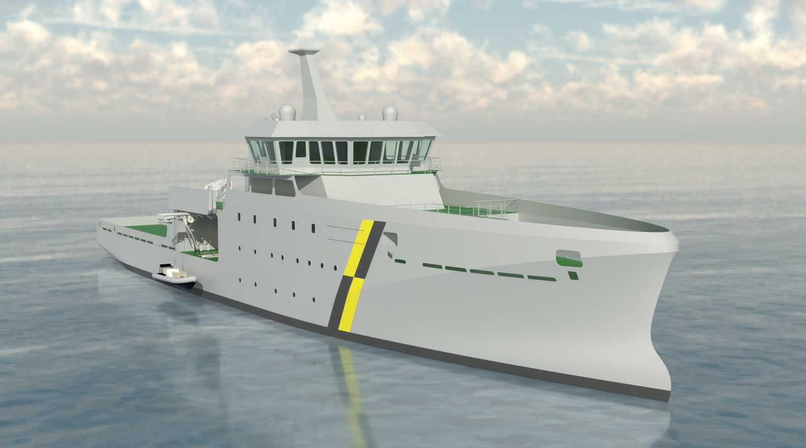 Computer-generated rendering of a modern marine and fisheries compliance on calm water, viewed from the bow quarter, featuring a large forward deck, prominent bridge with wide windows, and a yellow and black diagonal stripe on the hull.