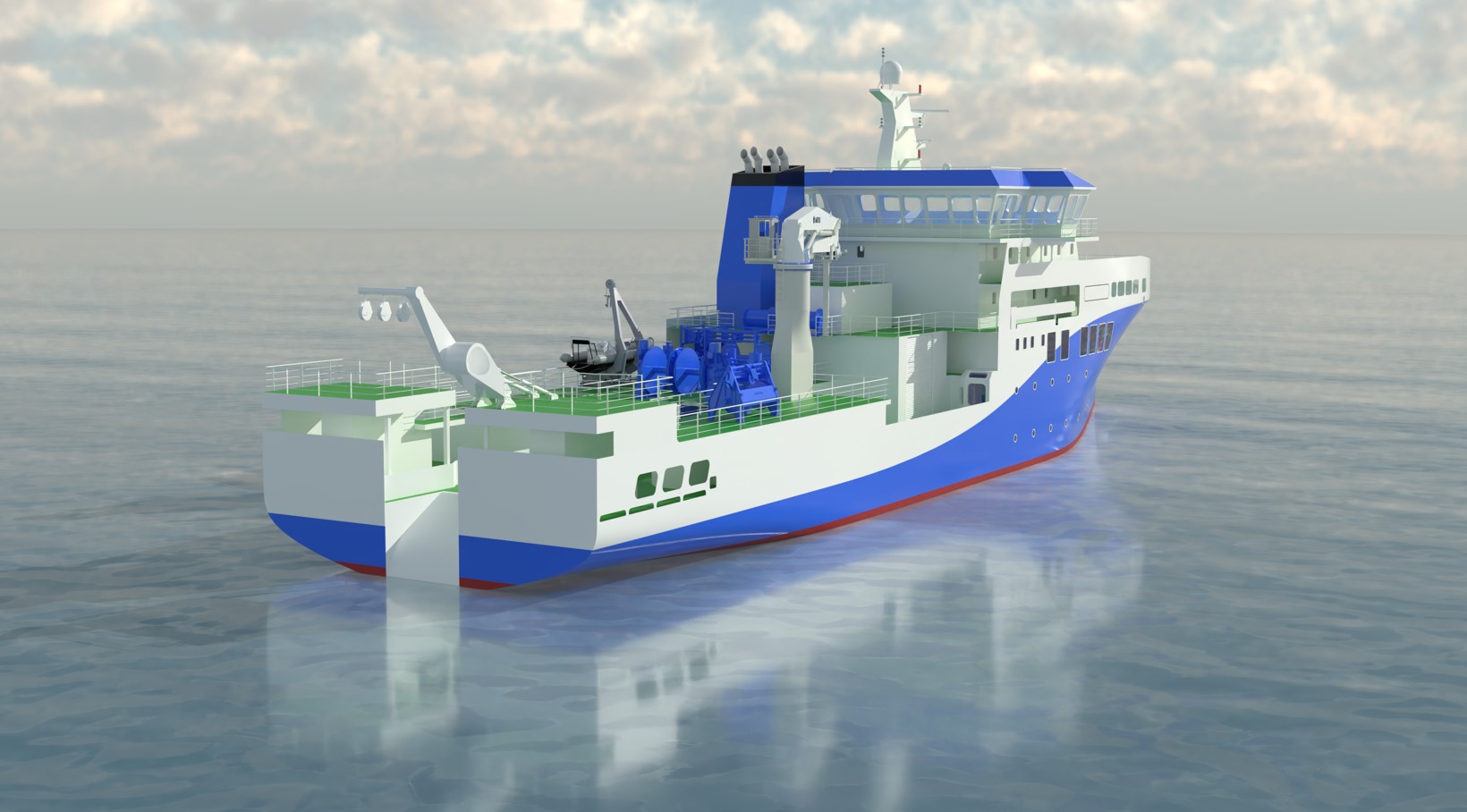 Computer-generated rendering of a research vessel on calm water, viewed from the stern quarter, featuring a blue and white hull, multiple decks, scientific equipment on the aft deck, and an open working area at the rear.