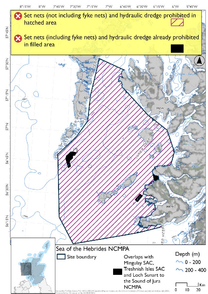 Option 2 map shows the Sea of the Hebrides Nature Conservation Marine Protected Area (NCMPA), overing waters off the west coast of Scotland, From the southwest coast of Mull to Loch nam Madadh and the mouth of Loch Dunvegan. Set nets (not including fyke nets) and hydraulic dredges are proposed for prohibition throughout the NCMPA. The areas where the site overlaps with Mingulay SAC, Treshnish Isles SAC and Loch Sunart to the Sound of Jura NCMPA are marked on the map; in these areas set nets (including fyke nets) and hydraulic dredges are already prohibited.