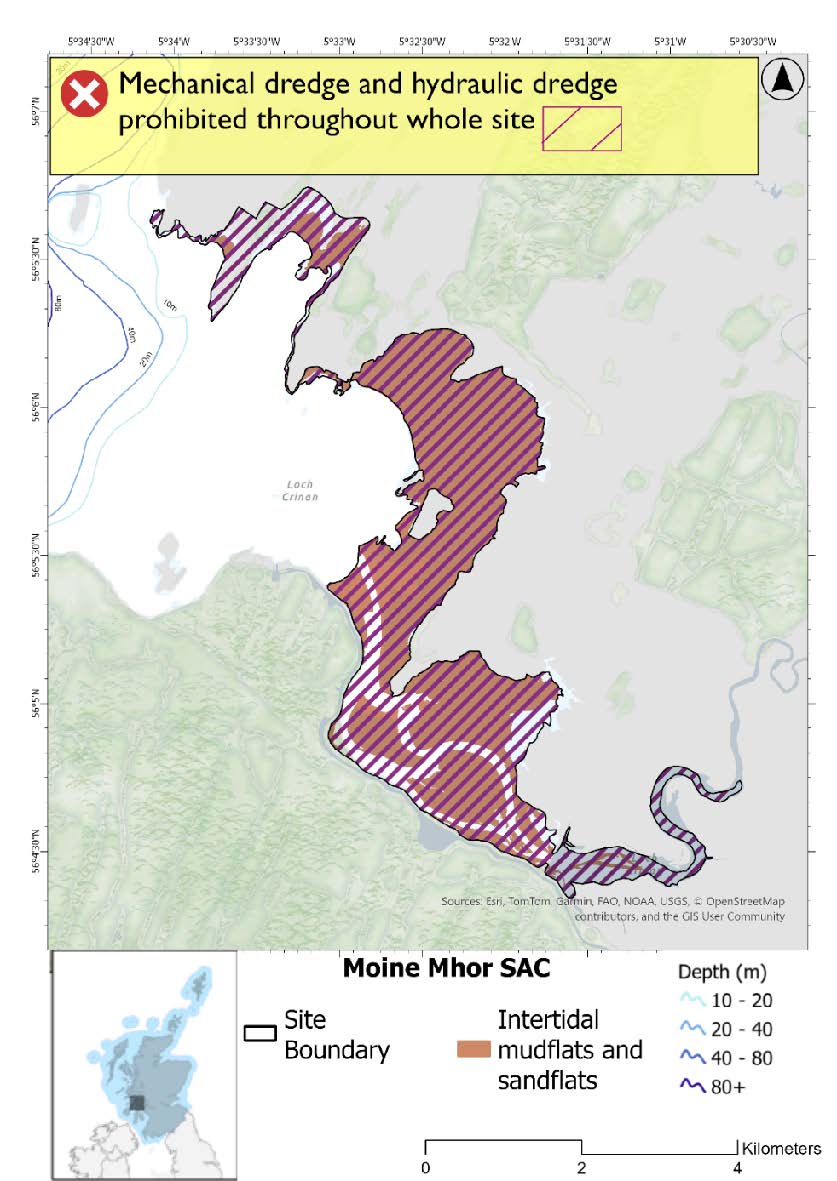 Single option map of Moine Mhor Special Area of Conservation (SAC), which is all shallower than 10m and largely composed of intertidal mudflats and sandflats. Mechanical and hydraulic dredge are prohibited throughout the whole marine component of the site.