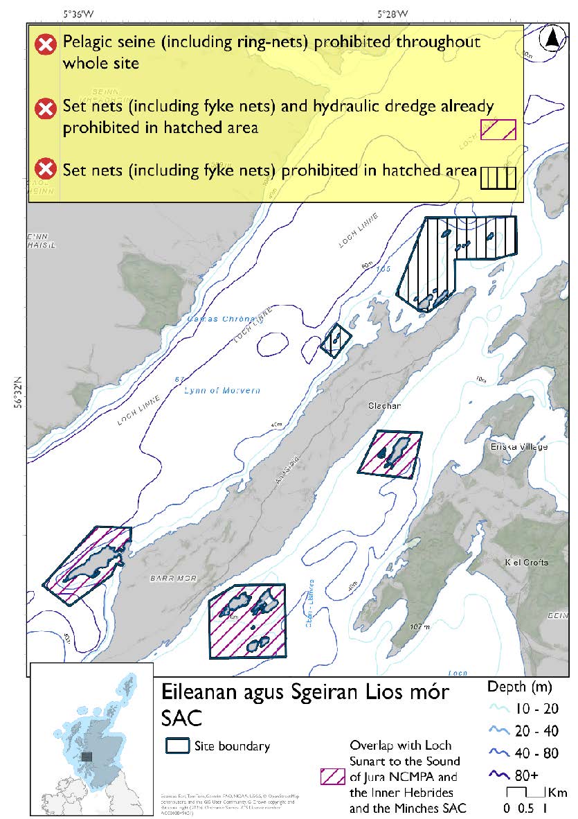 Single option map of Eileanan agus Sgeiran Lios mor Special Area of Conservation (SAC), five discrete areas surrounding islands and skerries around Lismore. The three southern areas overlap with Loch Sunart to the Sound of Jura and the Inner Hebrides and Minches SACs, where set nets (including fyke ents) and hydraulic dredges are already prohibited. Set nets (including fyke nets) are also prohibited in the northern areas. Pelagic Seine (including ring nets) are prohibited throughout the whole site.