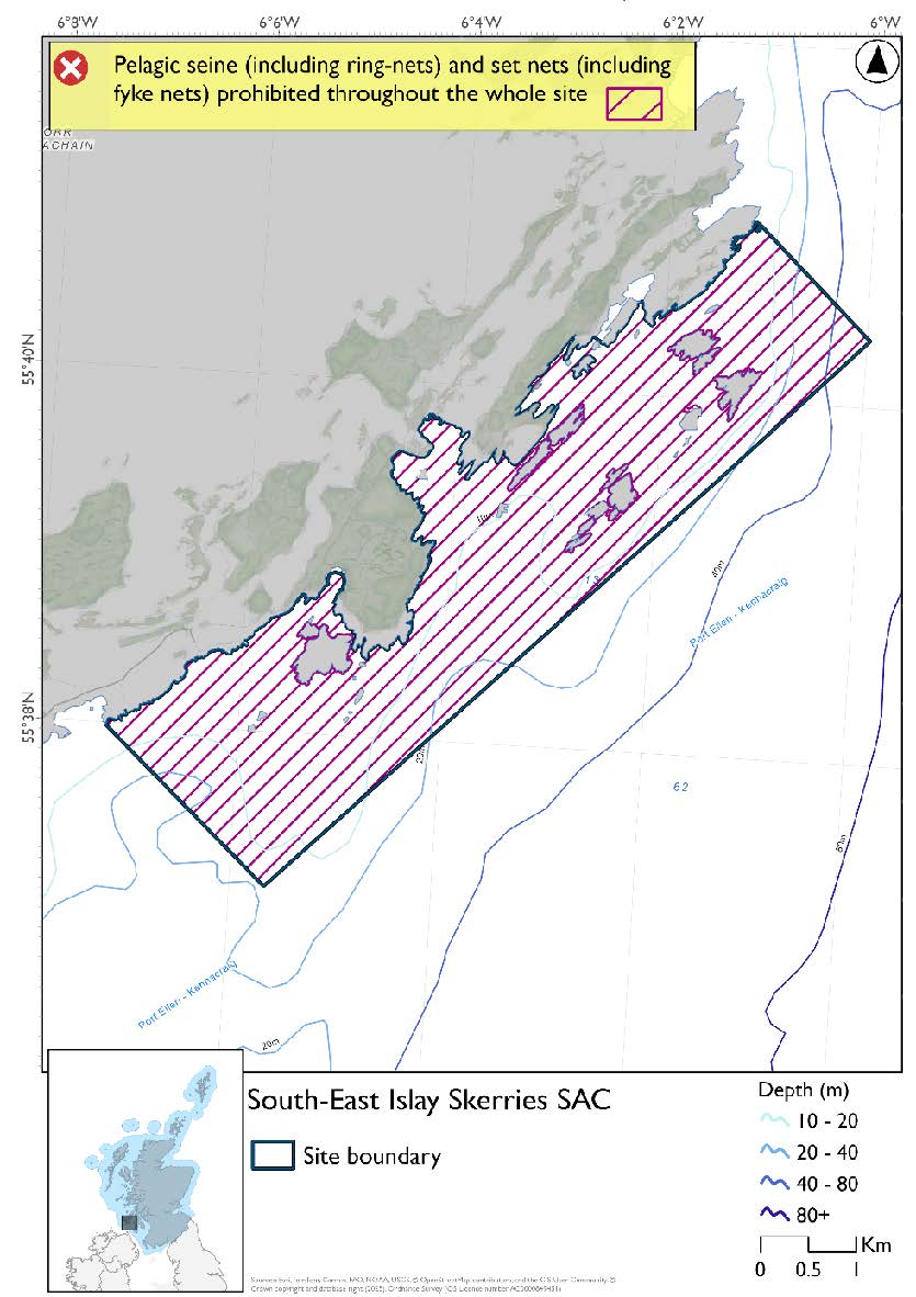 Single option map of South-East Islay Skerries Special Area of Conservation (SAC) a straight edged area extending from the Islay coast, with only small parts of the edges deeper than 20m. The full site is closed to pelagic seine (including ring-nets) and set nets (including fyke nets).