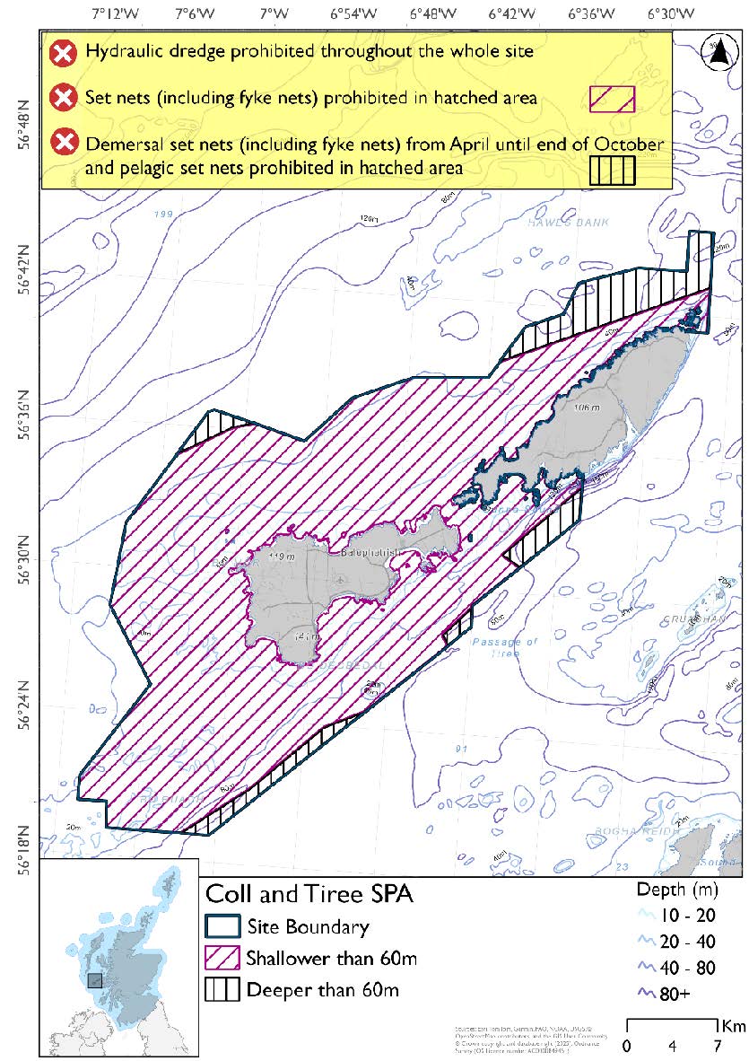 Map shows Coll and Tiree SPA, an area surrounding Tiree and extending up the north coast of Coll. Most of the area is shallower than 60m. Small slivers of the southeastern edge, the northwestern tip, and the area north of Coll being deeper than 60m. In areas shallower than 60m set nets (including fyke nets) are prohibited. In deeper areas demersal set nets prohibited April till end of October and pelagic set nets are prohibited year round. Hydraulic dredge is prohibited throughout the site.
