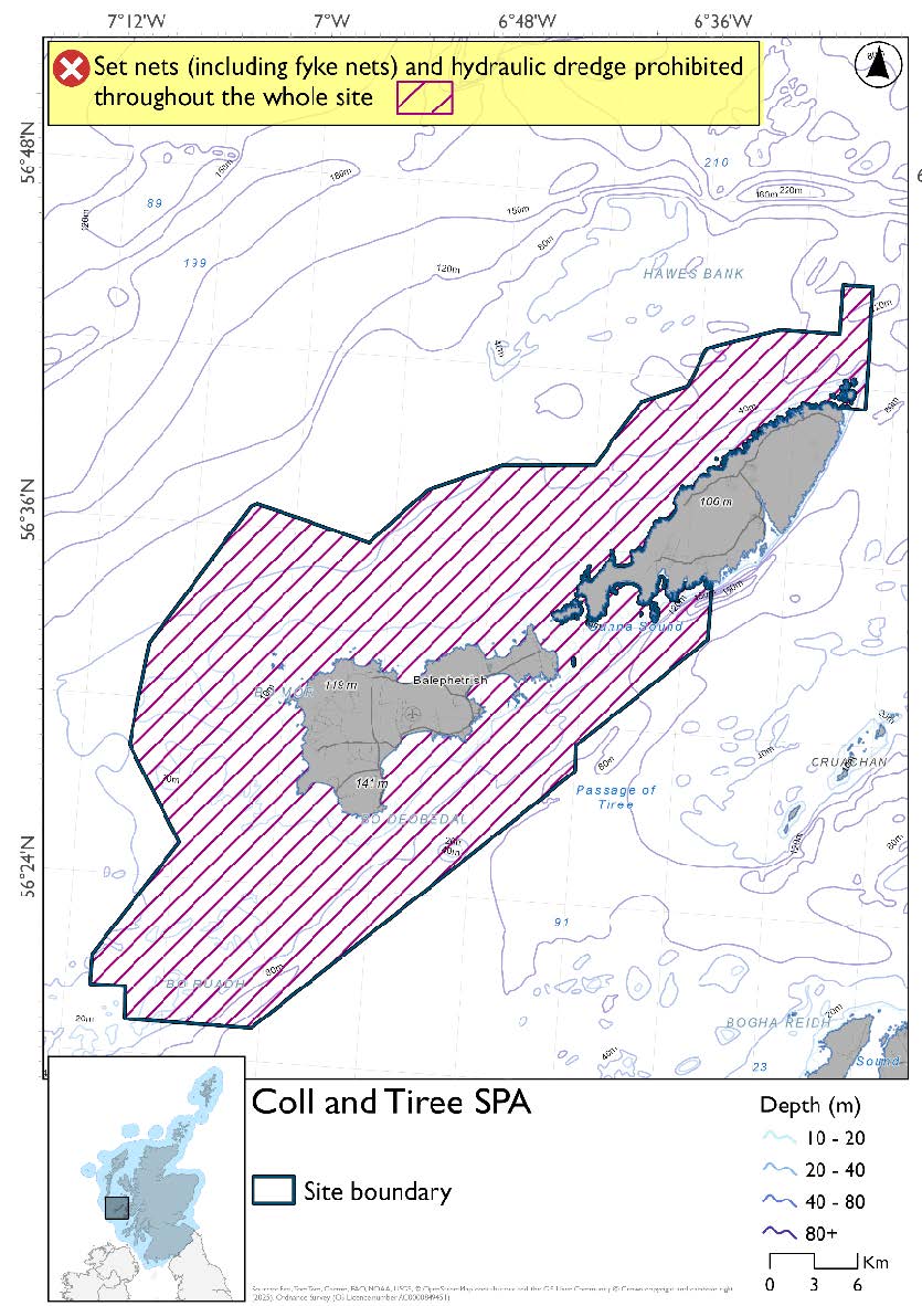 Map shows Coll and Tiree SPA, an area surrounding Tiree and extending up the north coast of Coll. Set nets (including fyke nets), and hydraulic dredges are prohibited throughout the site.