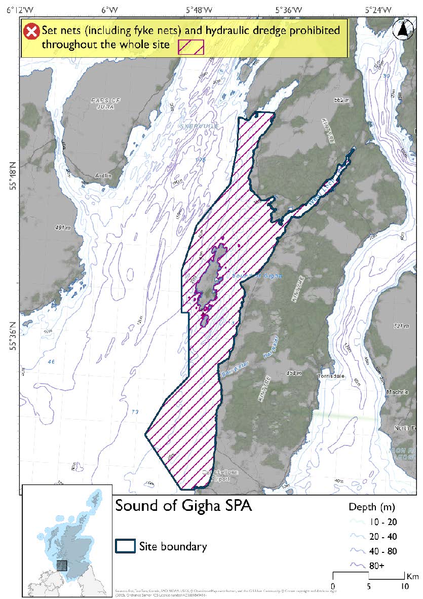 Map shows Sound of Gigha SPA, an area of waters running from Machrihanish in the south to the mouth of Loch Caolisport in the north, extending seawards to take in the waters surrounding Gigha. Set nets (including fyke nets), and hydraulic dredges are prohibited throughout the site.