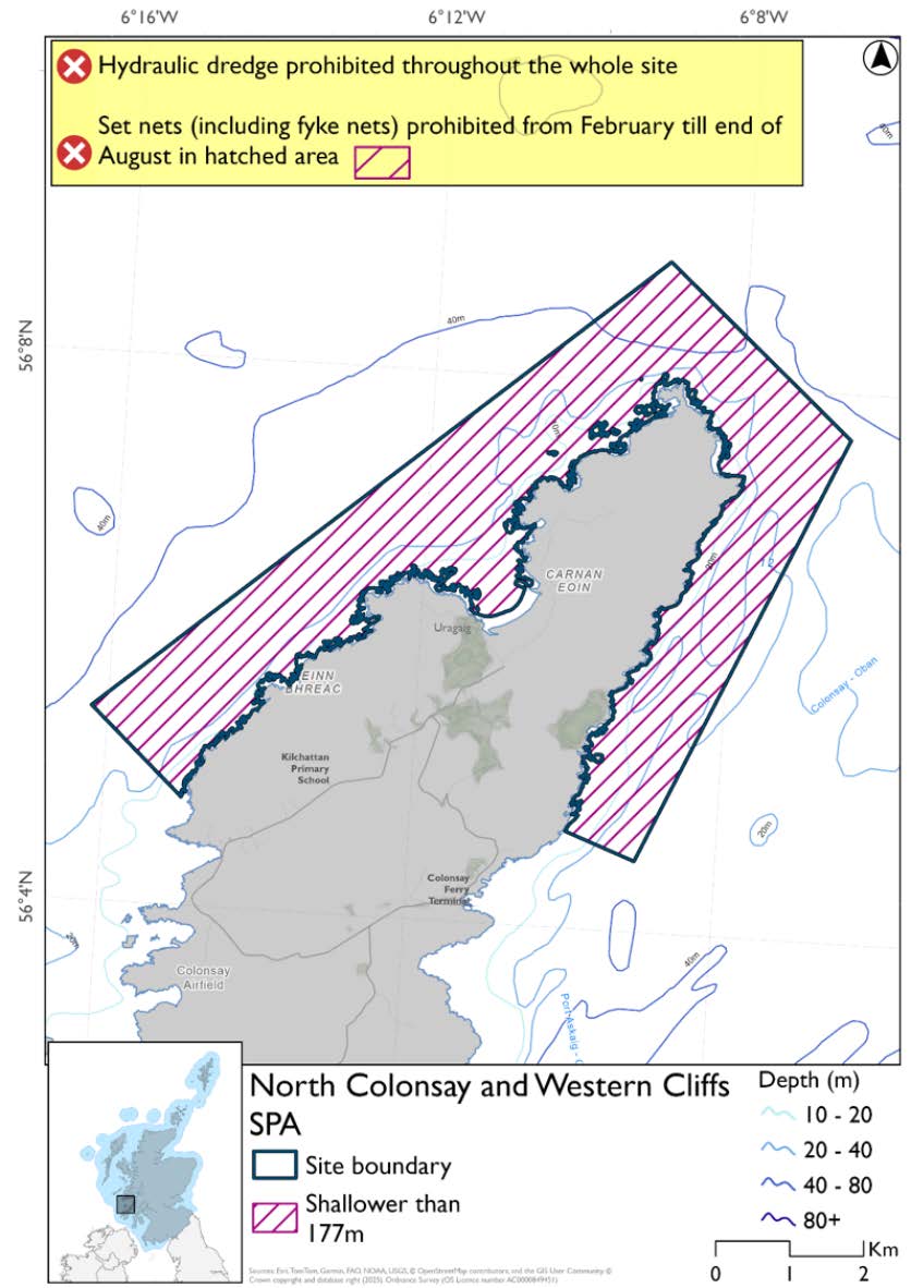 Map shows North Colonsay and Western Cliffs SPA, an area of waters immediately off the northern and northwestern coast of Colonsay. The entire site is less than 177m deep. Throughout the site set nets (including fyke nets) are prohibited February to end August, while hydraulic dredges are prohibited year-round.
