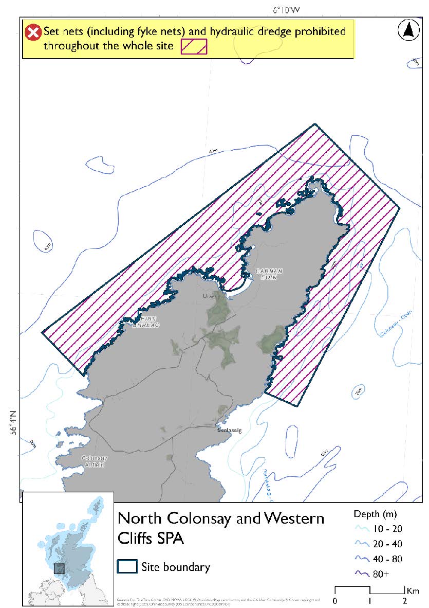 Map shows North Colonsay and Western Cliffs SPA, an area of waters immediately off the northern and northwestern coast of Colonsay. The entire site is less than 177m deep. Throughout the site set nets (including fyke nets) and hydraulic dredges are prohibited year-round.