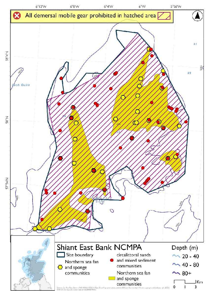 Option 1 map shows the Shiant East Bank Nature Conservation Marine Protected Area (NCMPA) located in the North Minch between the mainland and the Outer Hebrides. The site exists on a bank between 40m and 80m deep. Circalittoral sands and mixed sediment communities records exist across the site, with two large areas of northern sea fan and sponge communities in the northeast and southwest of the area, and a smaller such area in the southeast. Point data evidencing northern sea fan and sponge communities exist within these large areas, as well as one point to the northeast of the northeastern large area. All but some small protruding areas in the northwest and south of the site is covered by a prohibition on all demersal mobile gear.