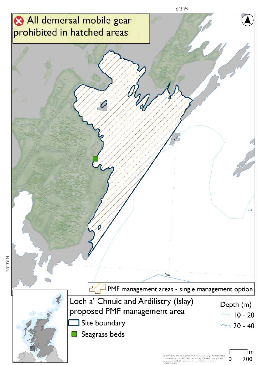 Map showing the area proposed for closure covering the whole of Loch a' Chnuic, with a seagrass bed record marked in the southeast of the bay