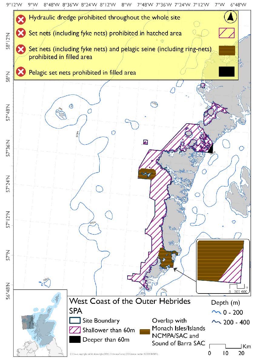 Map shows West Coast of the Outer Hebrides SPA. The site covers a large area of waters extending from the west coast of Vatersay, south of Barra, to the southwest coast of Harris. It also covers the sheltered waters around Taransay and the nearby Harris coast, and an area off the north of Scarp. With the exception of a small area protruding east of the Sound of Harris the site is shallower than 60m. In this protruding area pelagic set nets are prohibited. In the remainder of the site set nets (including fyke nets) are prohibited. Hydraulic dredges are prohibited throughout the whole site. The site overlaps with the Monach Isles and Islands SAC/NCMPA and Sound of Barra SAC, pelagic seines (including ring-nets) are prohibited in these overlapping areas