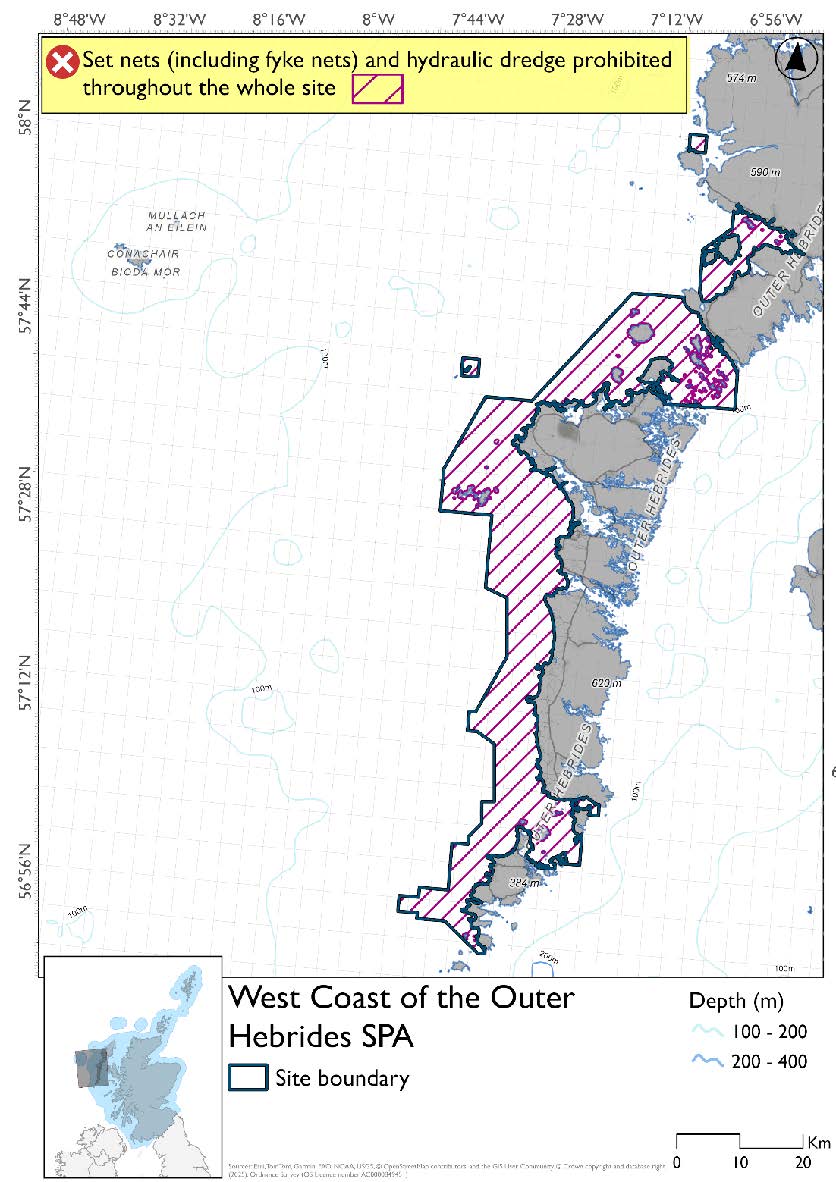Map shows West Coast of the Outer Hebrides SPA. The site covers a large area of waters extending from the west coast of Vatersay, south of Barra, to the southwest coast of Harris. It also covers the sheltered waters around Taransay and the nearby Harris coast, and an area off the north of Scarp. Set nets (including fyke nets), and hydraulic dredges are prohibited throughout the site.