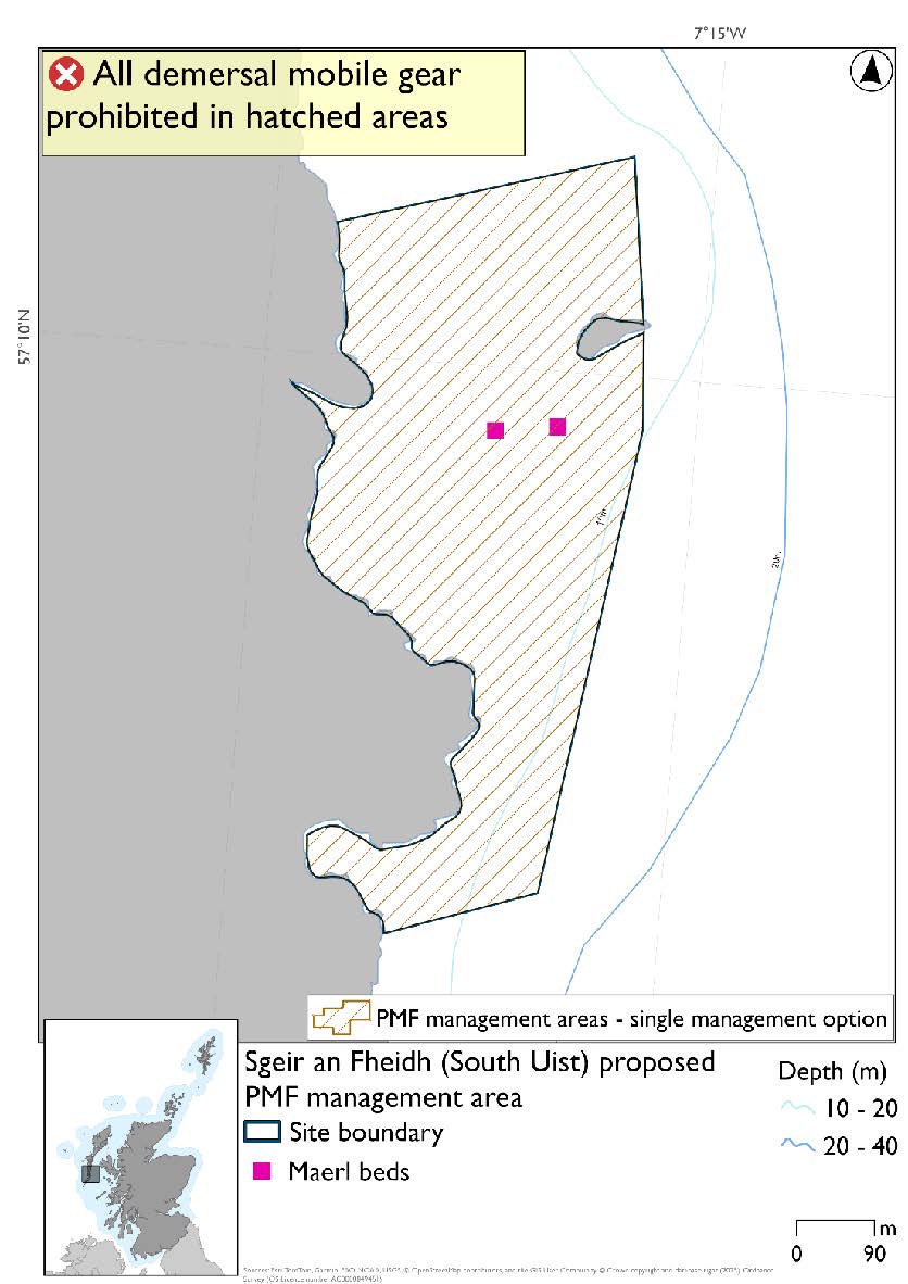 Map shows an area adjoining the South Uist coast with Sgeir an Fheidh in the northeastern portion. Two maerl beds are evident slightly southwest of Sgeir an Fheidh.